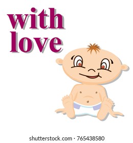 Cute toddler in diaper. Vector illustration on a white background. Baby care logo