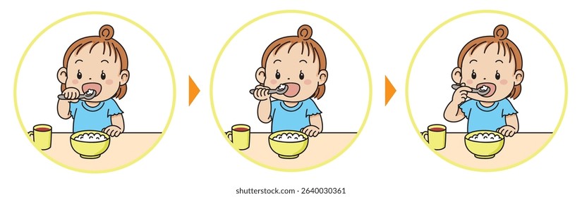 Cute toddler eating rice with spoon in three different hand grips