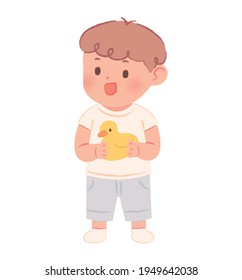 A cute toddler enjoys holding a duck toy. Baby vector illustration isolated on white background.