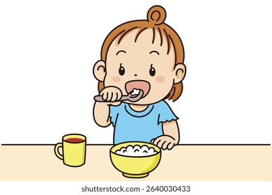 Cute toddler girl eating rice with spoon using overhand grip