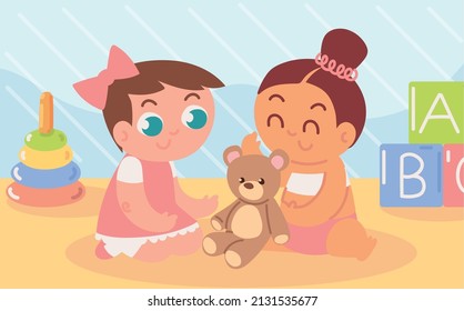 cute toddler girls with teddy bear