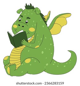 Cute toddler green dragon reading a book