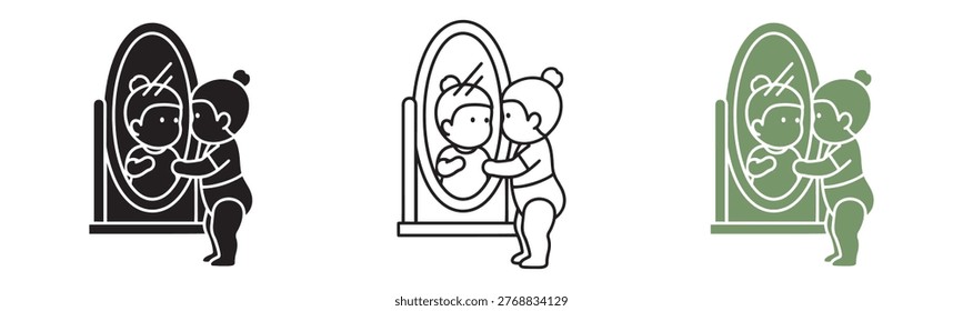 Cute toddler looking in mirror vector set with baby self reflection, black outline and green color line art illustration for children self awareness, emotion and growth designs