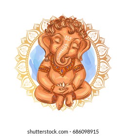 Criança bonito Lord Ganesha detém um lótus - ilustração vetorial isolada. Festival Indiano de Ganesh Chaturthi. Ganesha Ganapati.