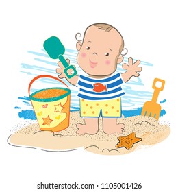 Cute toddler playing on the sandy beach cartoon character vector illustration.