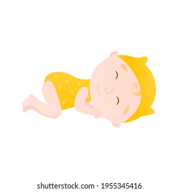 Cute toddler sleeping pose in cartoon style isolated on white background, baby development, colourful dotted singlet