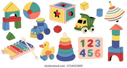Cute toddler toy set in flat style with wooden blocks, train, truck, duck, ball, pyramid, xylophone and numbers. Perfect for kids design, nursery decor, education, toys and childhood themes