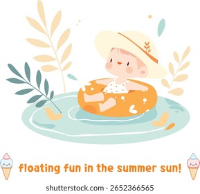 Uma criança fofa em um chapéu de abas largas flutuando em um anel de natação polka-dot amarelo em uma pequena piscina. Cercado por plantas pasteleiras e elementos de verão. Ilustração de verão mínima e encantadora para crianças.