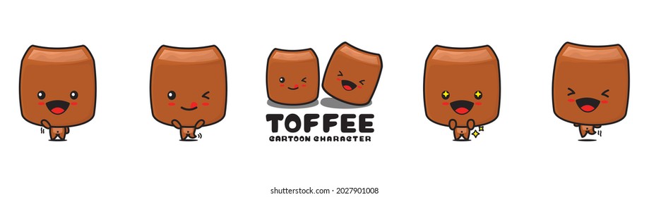 cute toffee mascot, sweet food cartoon illustration, with different facial expressions and poses, isolated on white background