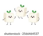 Cute tofu cartoon. Happy cute smiling funny tofu. character design. Vegetarian nutrition, healthy food.