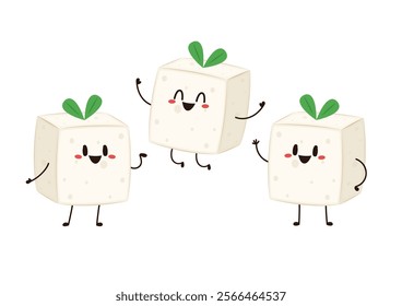 Cute tofu cartoon. Happy cute smiling funny tofu. character design. Vegetarian nutrition, healthy food.