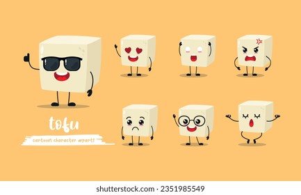 cute tofu cartoon with many expressions. food different activity pose vector illustration flat design set with sunglasses.