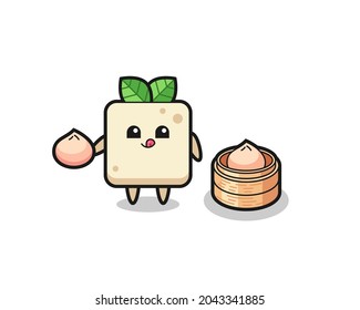 cute tofu character eating steamed buns , cute style design for t shirt, sticker, logo element