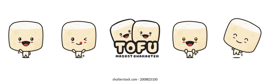 cute tofu mascot, with different facial expressions and poses, isolated on a white background