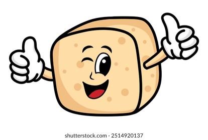 Mascota linda del tofu con la cara sonriente feliz mientras que da un pulgar para arriba. Estilo de la historieta del tofu aislado en un fondo blanco