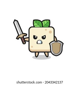 cute tofu soldier fighting with sword and shield , cute style design for t shirt, sticker, logo element