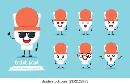 cute toilet bowl cartoon with many expressions. potty different activity pose vector illustration flat design set.