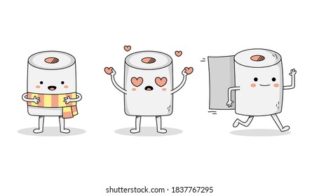 Cute toilet paper cartoon character set of wearing scarf, in love character and running toilet roll