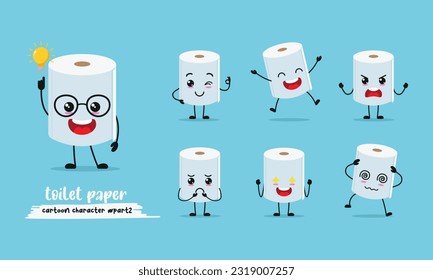 cute toilet paper cartoon with many expressions. different activity pose vector illustration flat design set.
