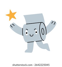 A cute toilet paper character joyfully jumping and reaching for a star. Vector illustration.
