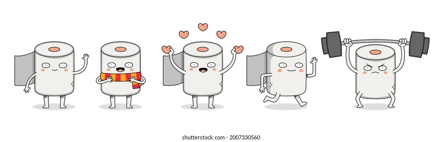 Cute toilet paper roll cartoon character set 1 of waving, wearing scarf, spreading love, running and weight lifting