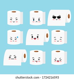 Cute toilet paper roll vector emoji set isolated on white background. Sweet happy and sad emoticon character rolls of toilet paper. Flat design cartoon kawaii style illustration.