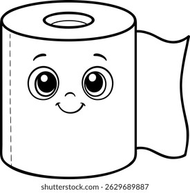 Cute Toilet Paper Roll Vector for Coloring, Smiling Bathroom Object Illustration for Kids Fun Activities