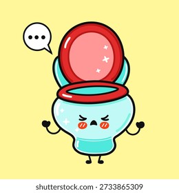 Cute toilet vector character with a red seat and blue flush tank showing an angry facial expression and a speech bubble with ellipses on a yellow background