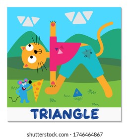 A cute tom cat doing the Triangle Yoga Pose or "Utthita Trikonasana". A colorful concept illustration for children, teachers, parents, fitness and childcare centres. Isolated vector layers.