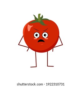 Cute tomato with angry emotions isolated on white background. The funny or grumpy hero, red fruit and vegetable. Vector flat illustration
