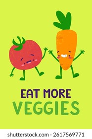Cute tomato and carrot poster. Vegetables cartoon banner with text.
