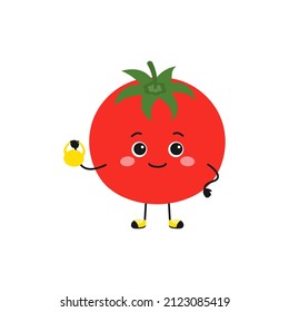 personaje de dibujos animados de tomate lindo haciendo ejercicios con peso, concepto de comer saludable y fitness, ilustración vectorial en estilo plano