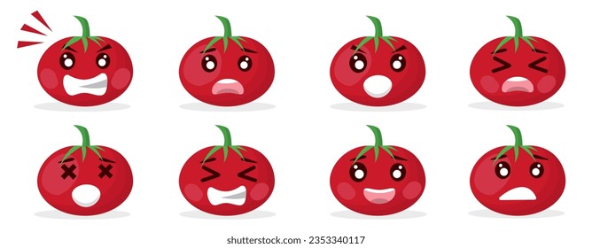 cute tomato cartoon emoji set with different facial expressions on the tomato shaped faces. angry, sad, dissapointed, laughing, happy faces. vector cartoon emoji illustration.