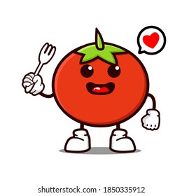 cute tomato cartoon mascot character funny expression with holding fork