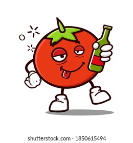 cute tomato cartoon mascot character funny expression with holding drunk bottle
