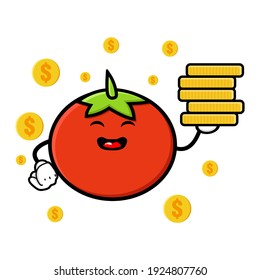 cute tomato cartoon mascot character funny expression holding coin pile