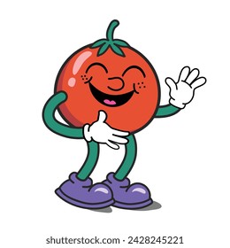Cute Tomato cartoon mascot character Laughing out loud expression. Tomato wearing glove and shoes Groovy Retro cartoon character for icon, mascot, logo, label, poster, clipart, sticker