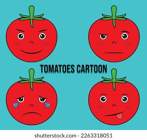 cute tomato cartoon in various expressions. tomato emoticon. crying tomatoes. vector illustration.