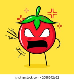 cute tomato character with angry expression. green, red and yellow. suitable for emoticon, logo, mascot. one hand raised, eyes bulging and mouth wide open