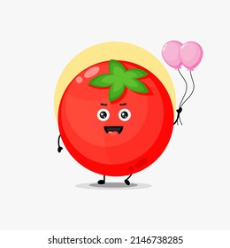 Cute tomato character carrying balloon