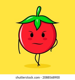 cute tomato character with cool expression. green, red and yellow. suitable for emoticon, logo, mascot