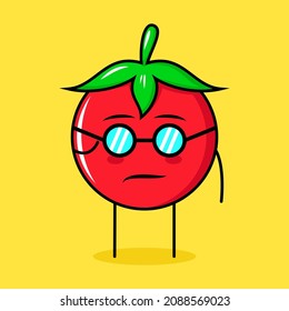 personaje lindo de tomate con expresión fresca y anteojos. verde, rojo y amarillo. adecuado para emoticono, logotipo, mascota