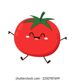 Cute Tomate Zeichen Design. Schöne pflanzliche Vektorgrafik. Cartoon Tomate Wohnung Design für Kinder Bücher.