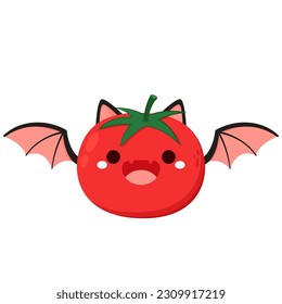 Cute Tomate Zeichen Design. Schöne pflanzliche Vektorgrafik. Cartoon Tomate zu Halloween. Tomate mit Fledermausflügel.