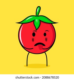 cute tomato character with disgusting expression and tongue sticking out. green, red and yellow. suitable for emoticon, logo, mascot