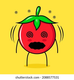 carácter lindo de tomate con expresión mareada y ojos rodados. verde, rojo y amarillo. adecuado para emoticono, logotipo, mascota