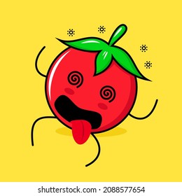 cute tomato character with dizzy expression, rolling eyes, lie down and tongue sticking out. green, red and yellow. suitable for emoticon, logo, mascot