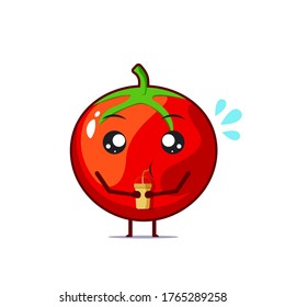 Cute tomato character got thirsty isolated on white background. Tomato character emoticon illustration