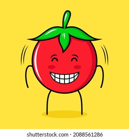 cute tomato character with happy expression, close eyes and smiling. green, red and yellow. suitable for emoticon, logo, mascot