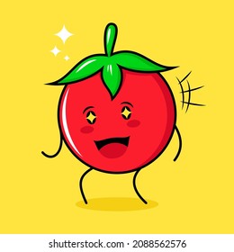 cute tomato character with happy expression, mouth open and sparkling eyes. green, red and yellow. suitable for emoticon, logo, mascot